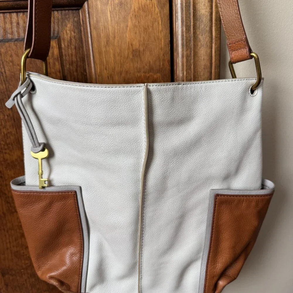 Fossil Ivory & Brown Shoulder/Crossbody Hobo Bag w/Side Pockets